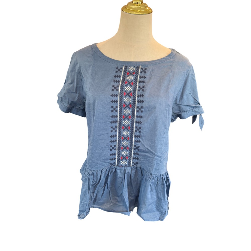 J.‎ Crew Blue Embroidered Peplum Top Tie Sleeve Cotton Chambray Blouse Size 8